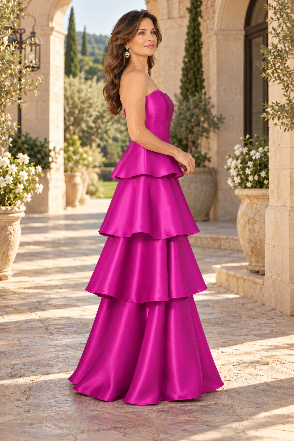 Strapless Tiered Satin Evening Gown
