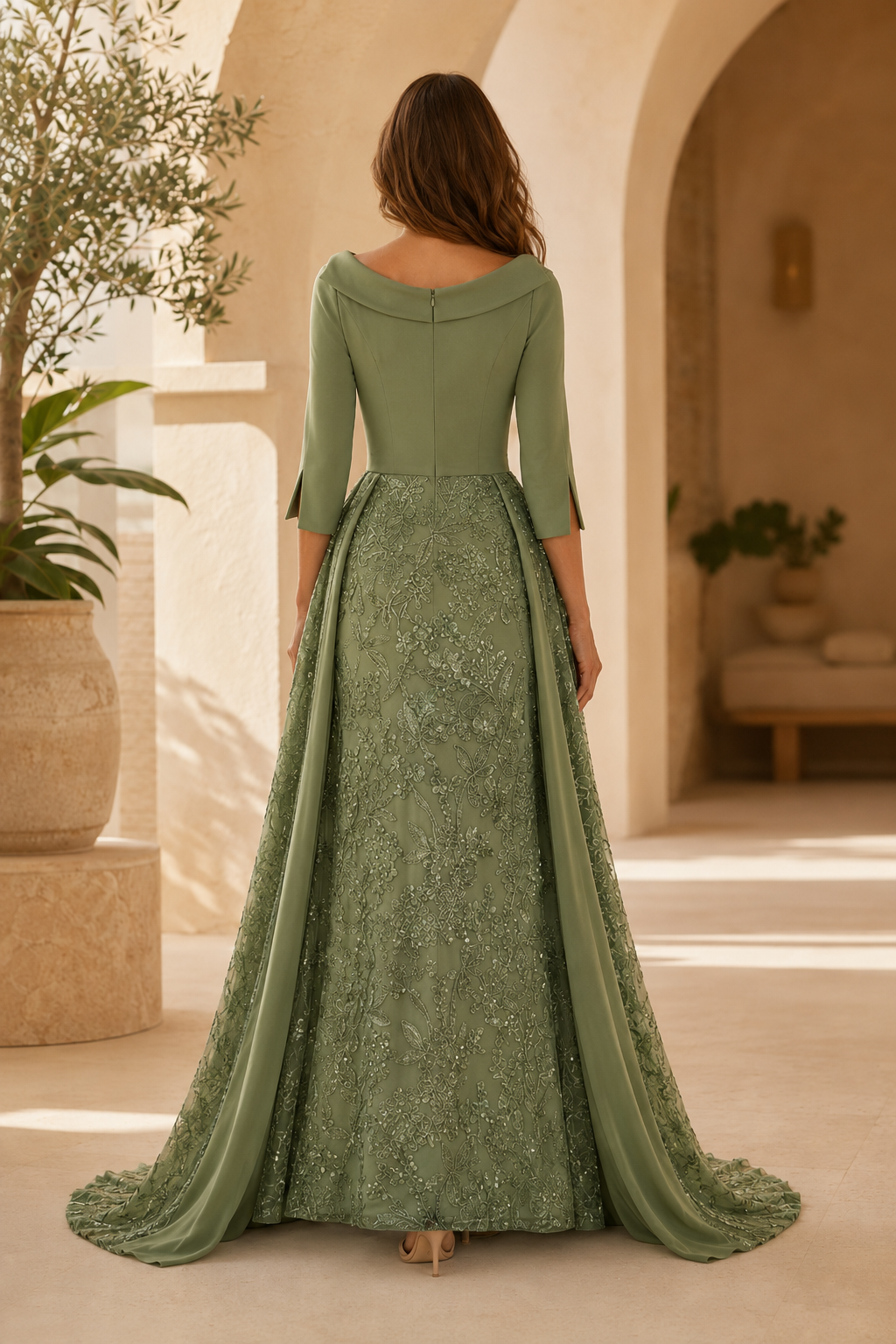 Vestido de corte A con escote tipo barco y sobrefalda de encaje
