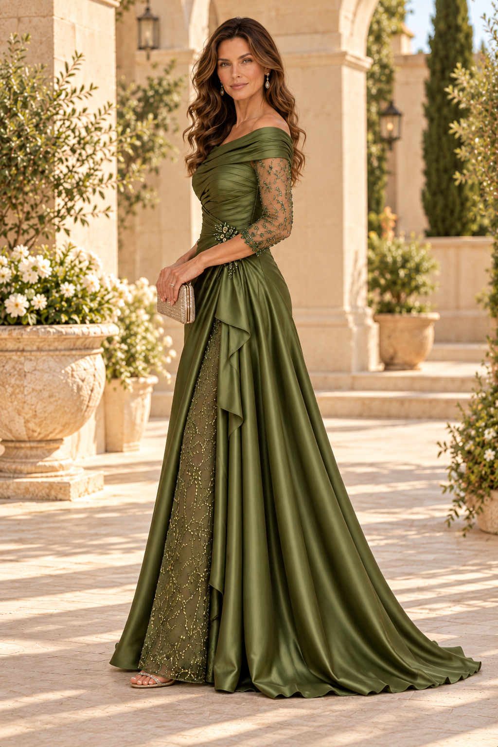 Off-the-Shoulder Ruched Gown with Embellished Slit