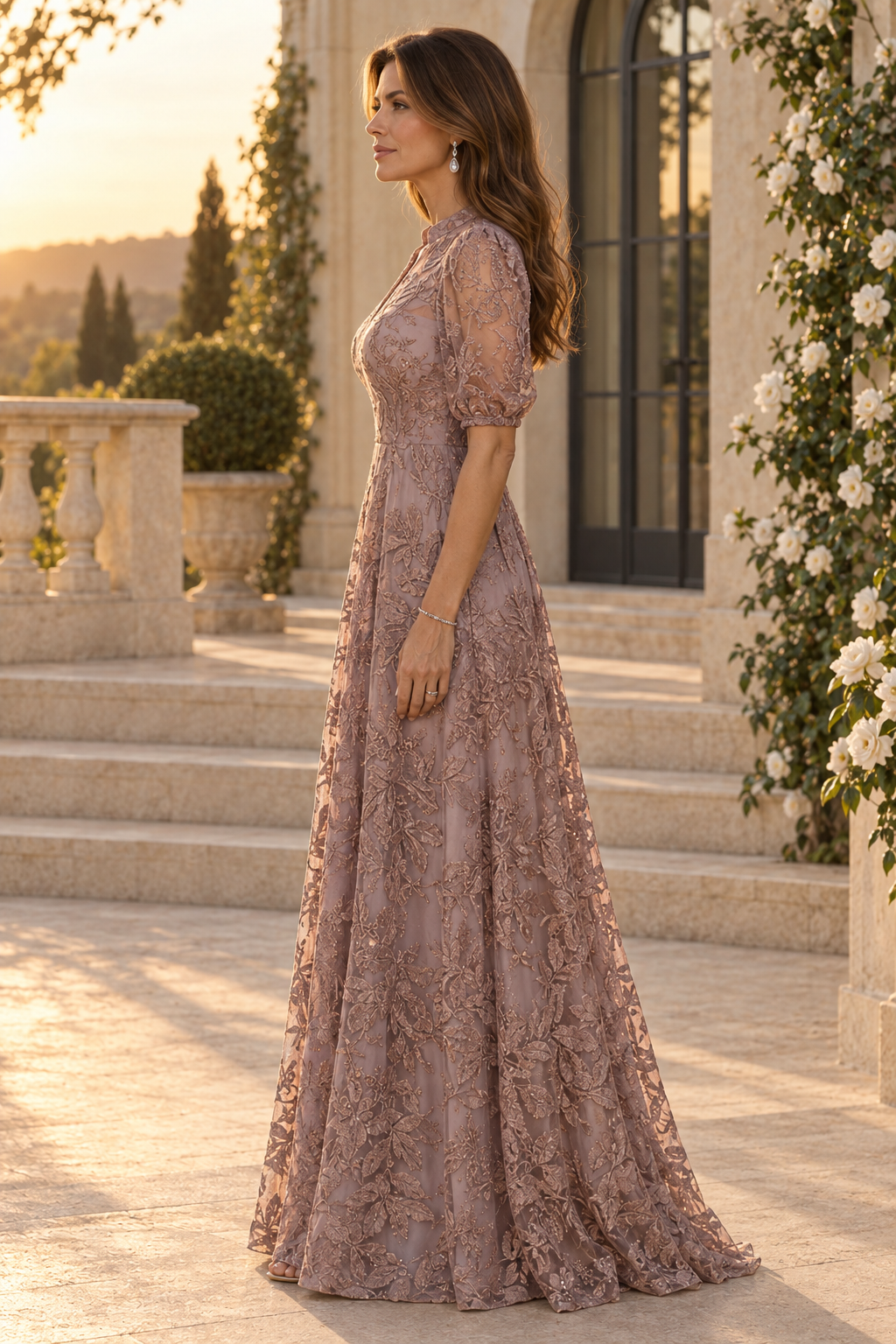 Vestido acampanado de encaje bordado con mangas abullonadas