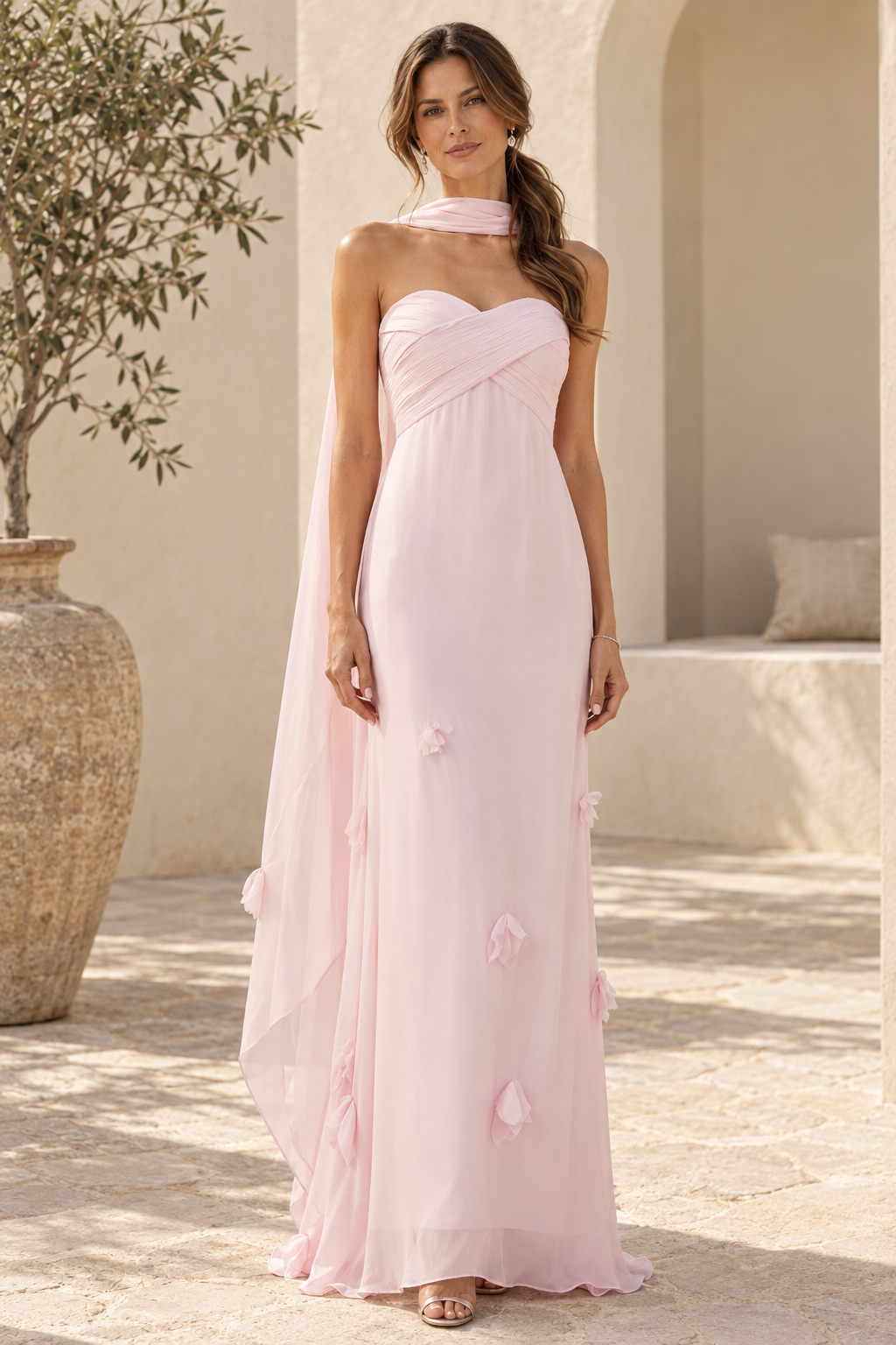 Strapless Chiffon Maxi Dress with Matching Scarf