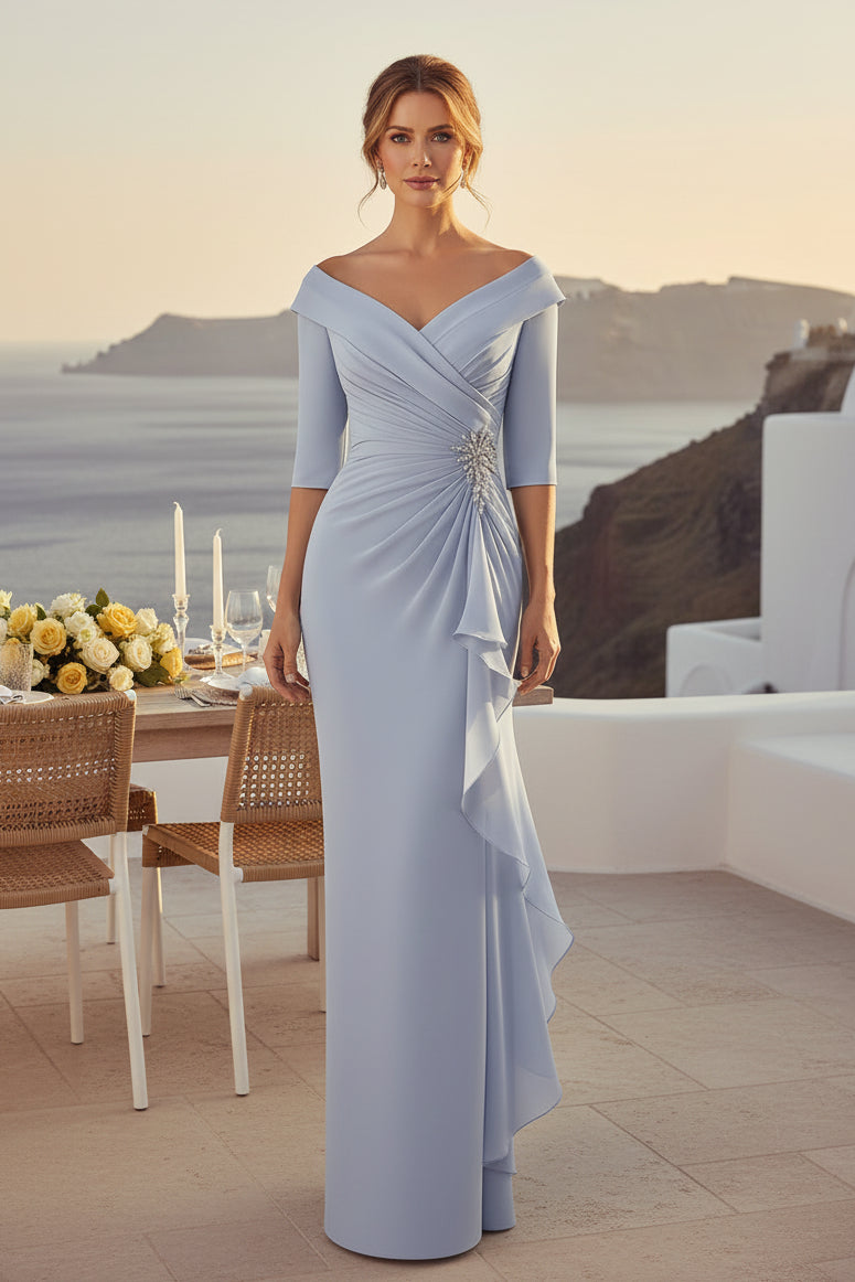 Vestido fruncido con hombros descubiertos y cascada de drapeado