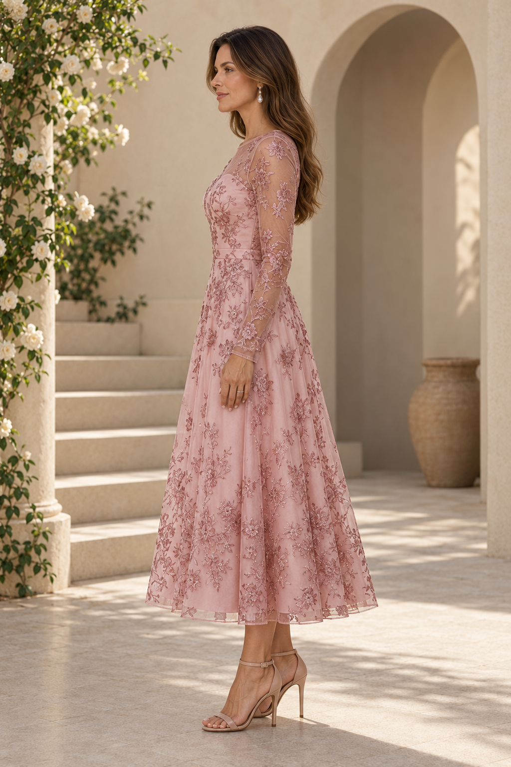 Vestido midi con cuello ilusión y bordado floral