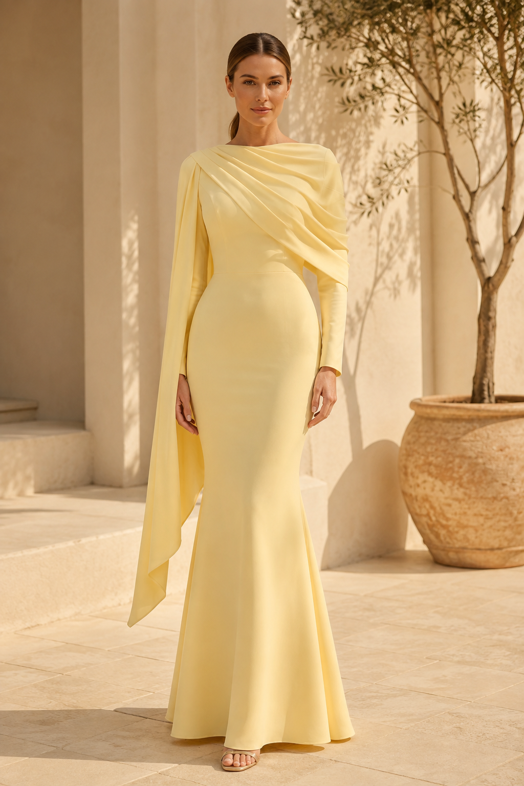 Vestido de Noche Sirena con Capa Drapeada en las Mangas