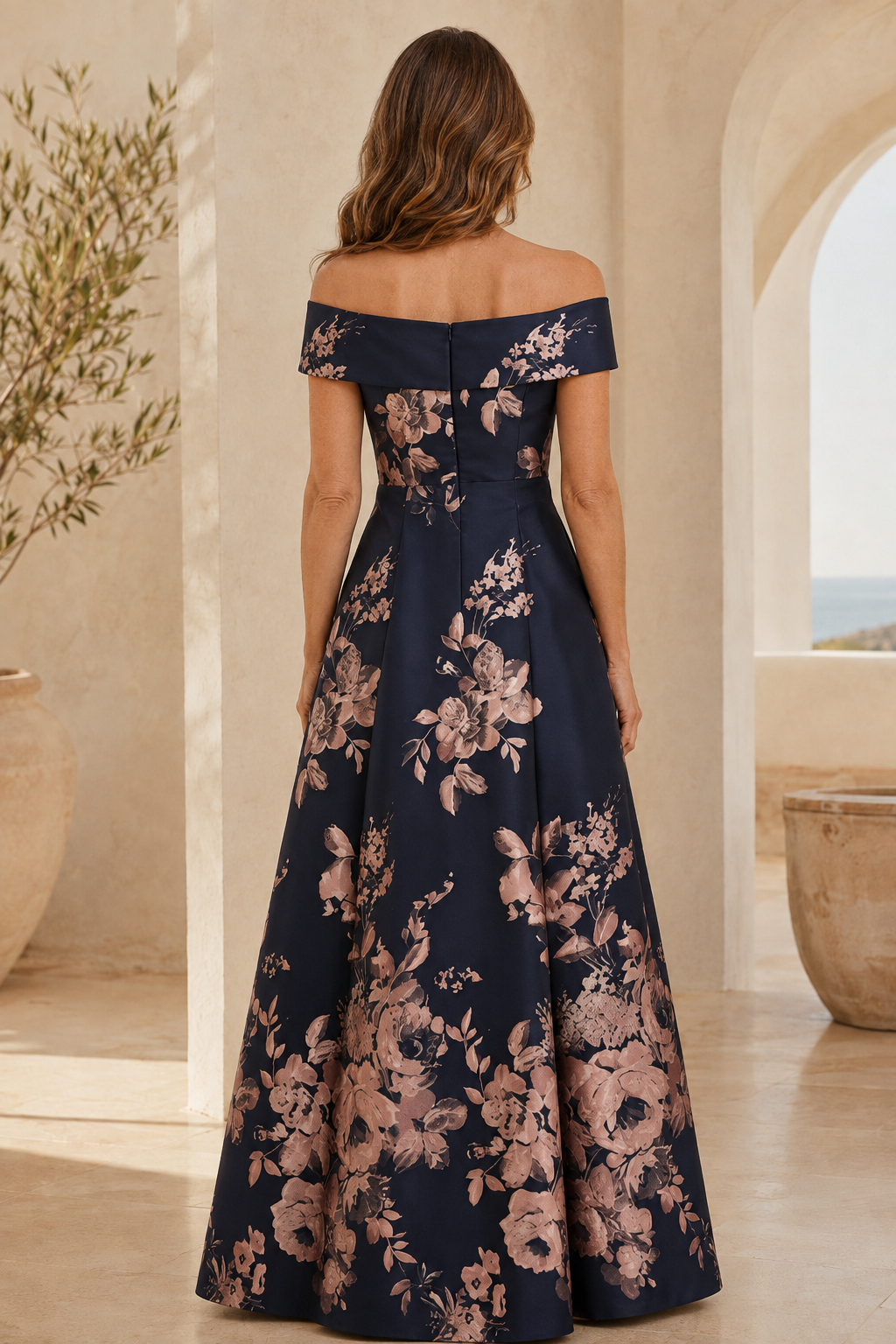 Vestido de noche floral con escote Bardot y corte en A