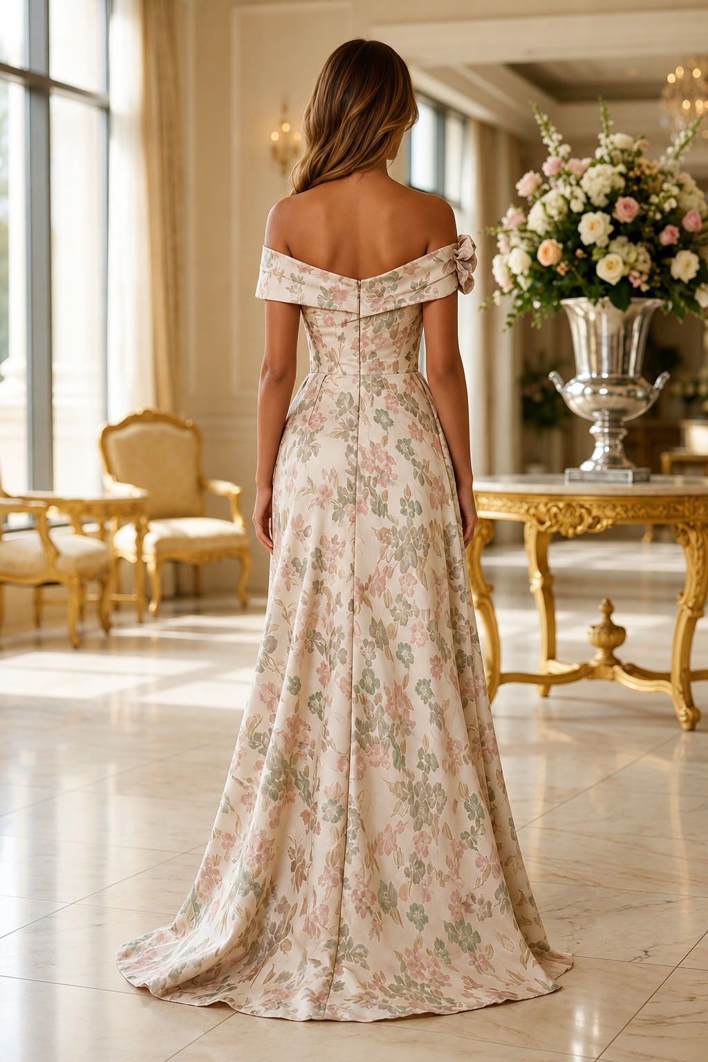 Vestido de noche de jacquard floral con escote Bardot y corte en A