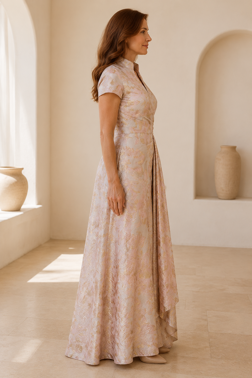 Vestido cruzado de línea A en jacquard floral con cuello alto