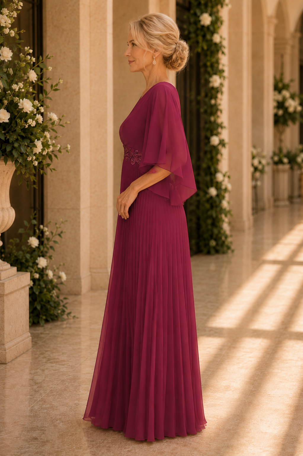 Vestido plisado de chifón corte A con mangas mariposa