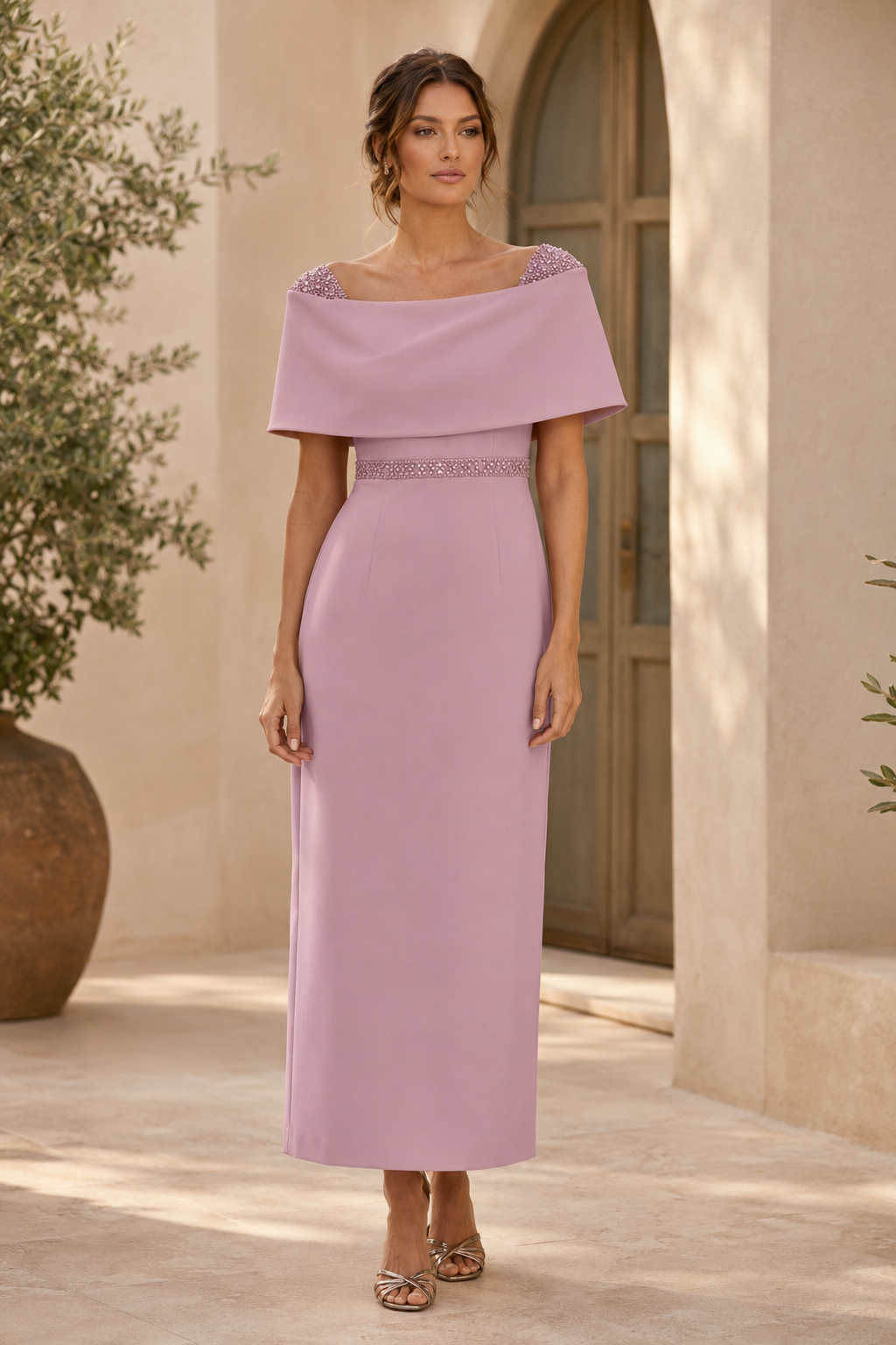 Vestido columna con espalda de lazo y cintura de cuentas