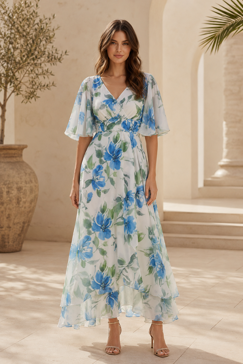 Vestido maxi floral con mangas de volante y bajo asimétrico