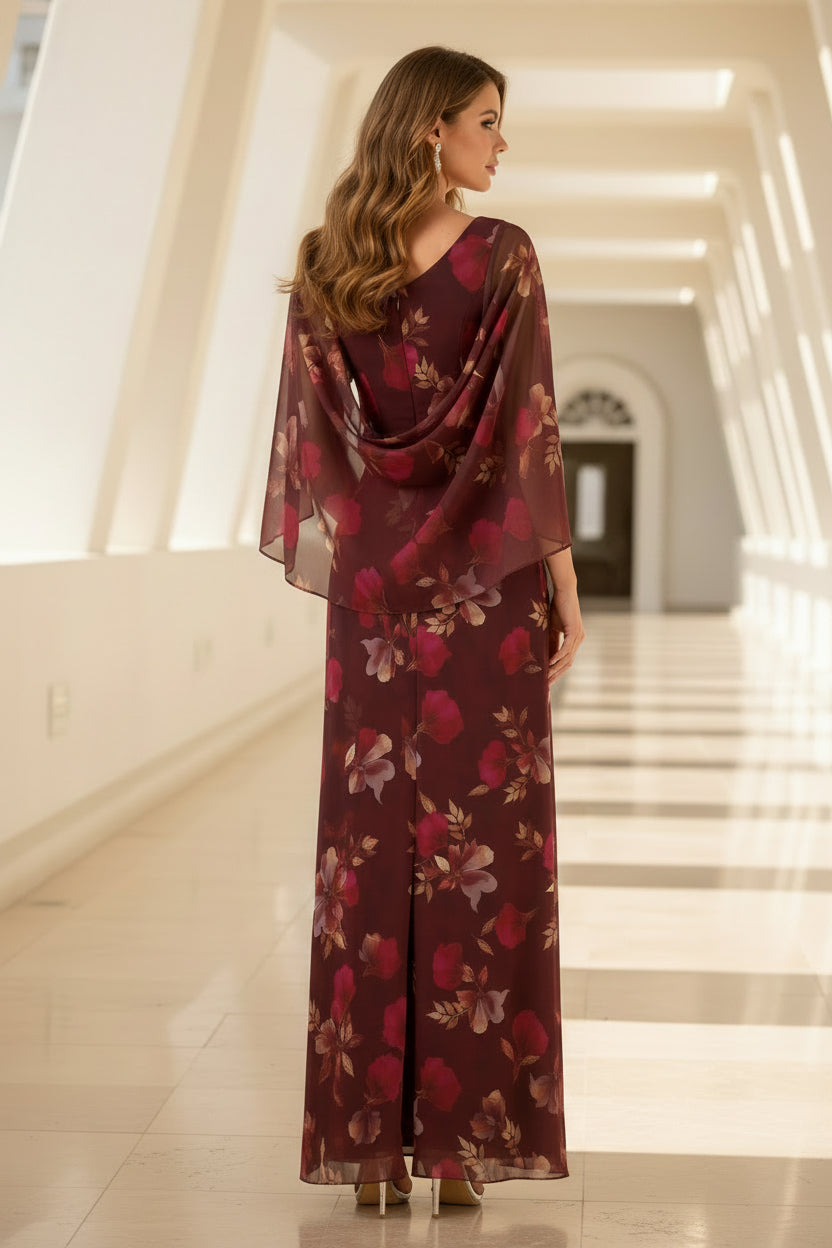 Vestido largo de gasa floral con mangas de capa