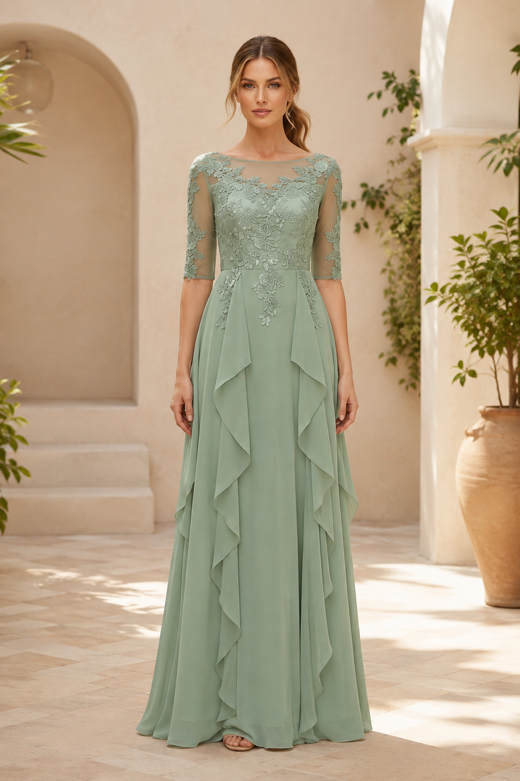 Vestido de gala con corpiño ilusión de encaje bordado y volantes escalonados