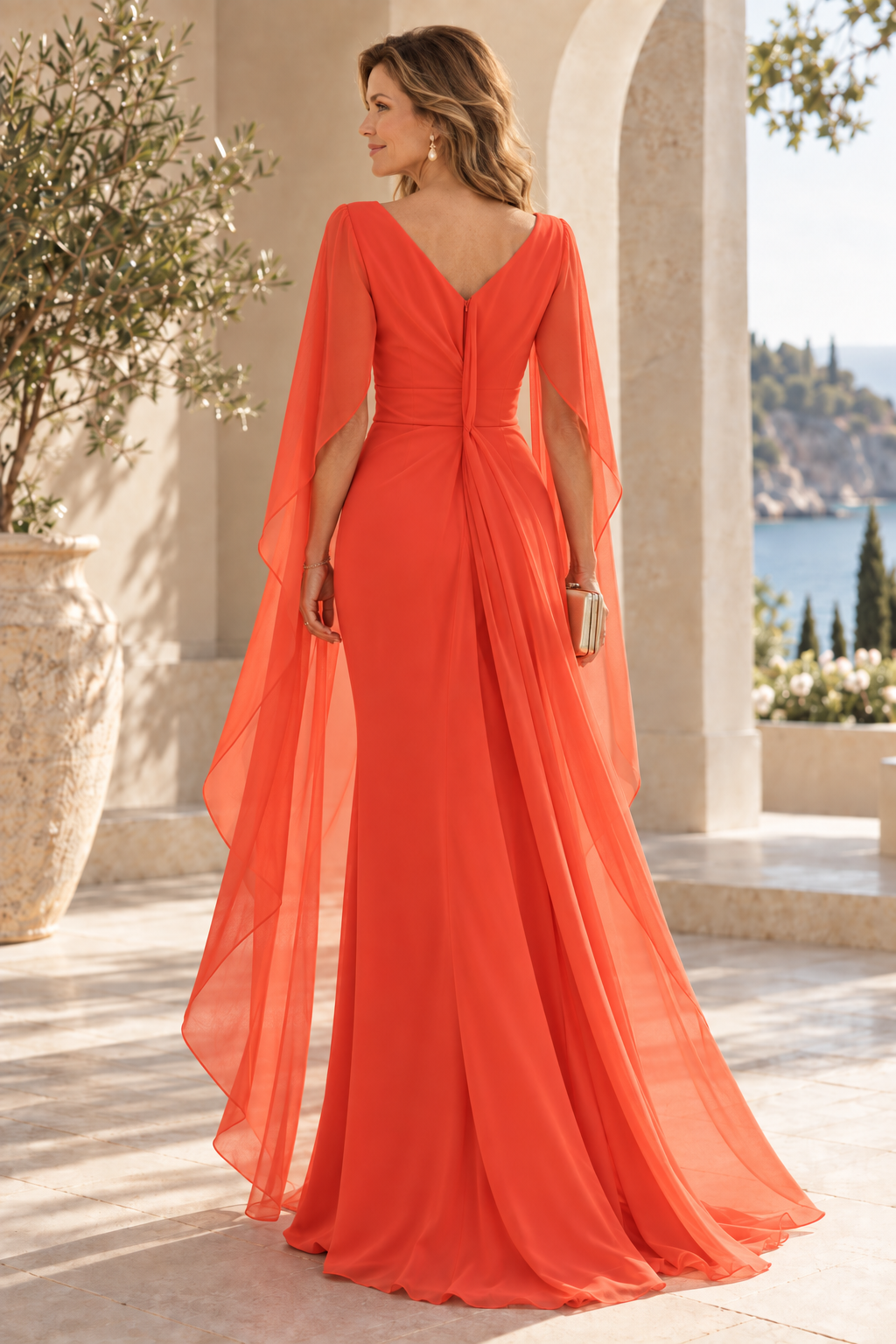 V-Neck Cape Sleeve Evening Gown with Feather Accent