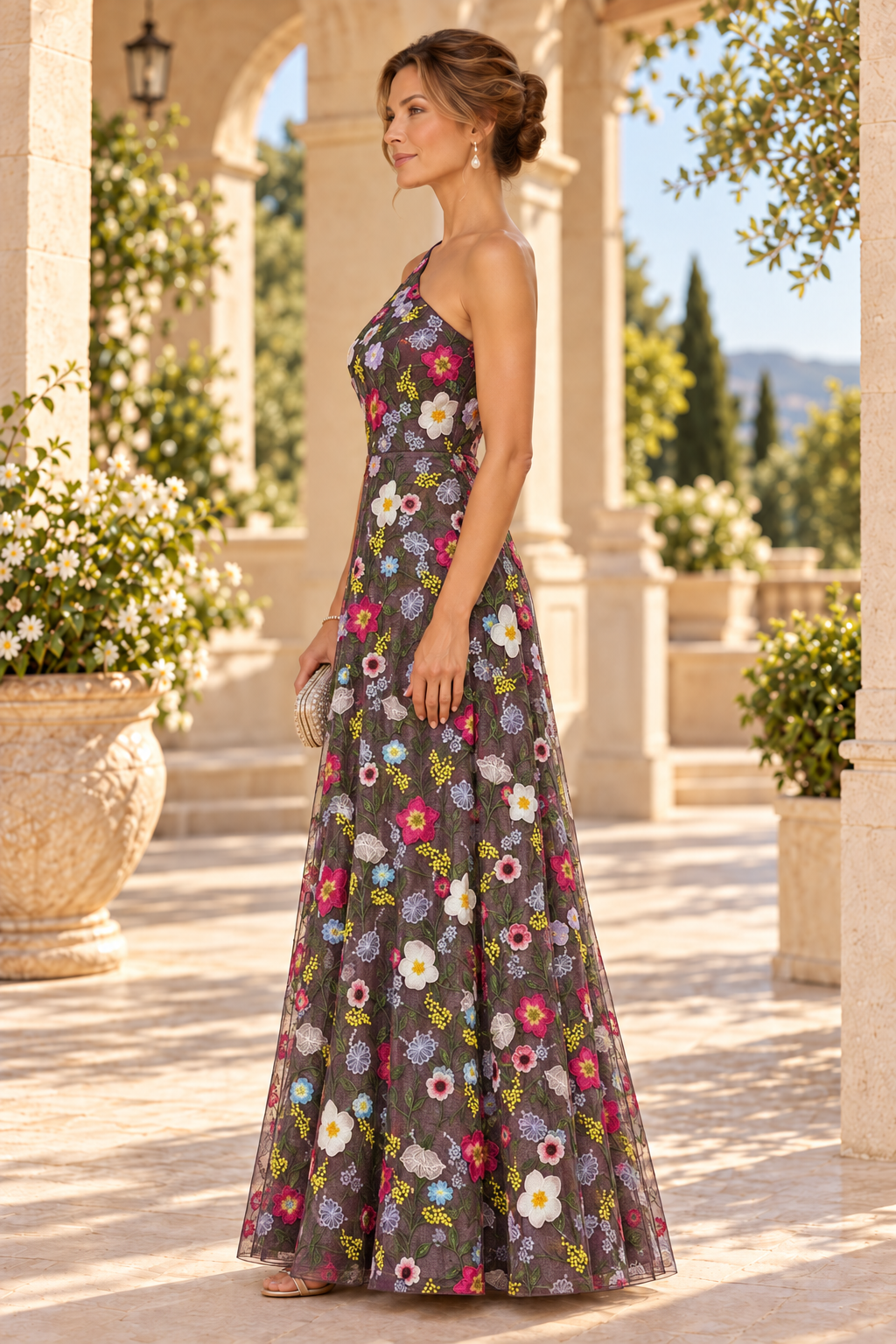 One-Shoulder Floral Embroidered A-Line Gown