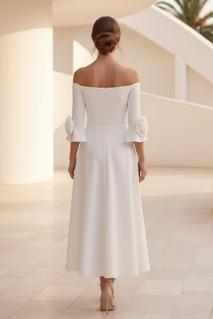 Vestido Midi con Hombros Descubiertos y Mangas con Puño de Rosa