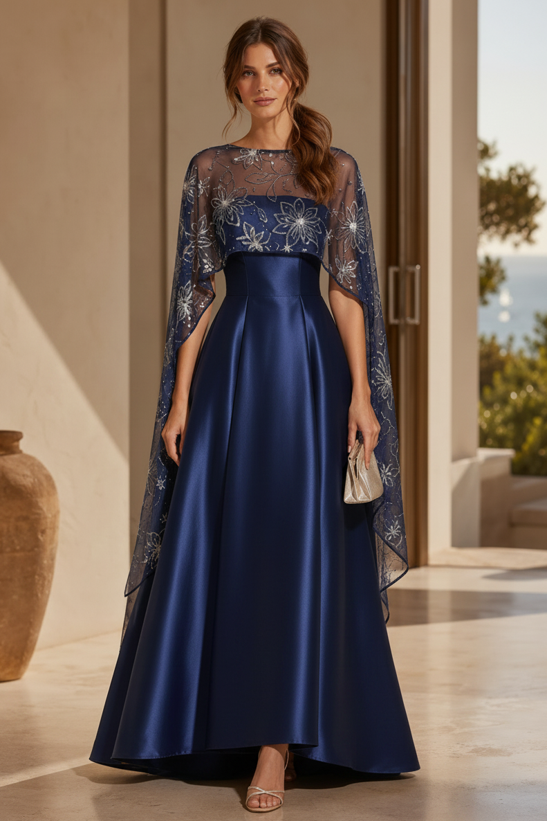 Vestido de Noche en Línea A con Capa Floral Bordada con Cuentas