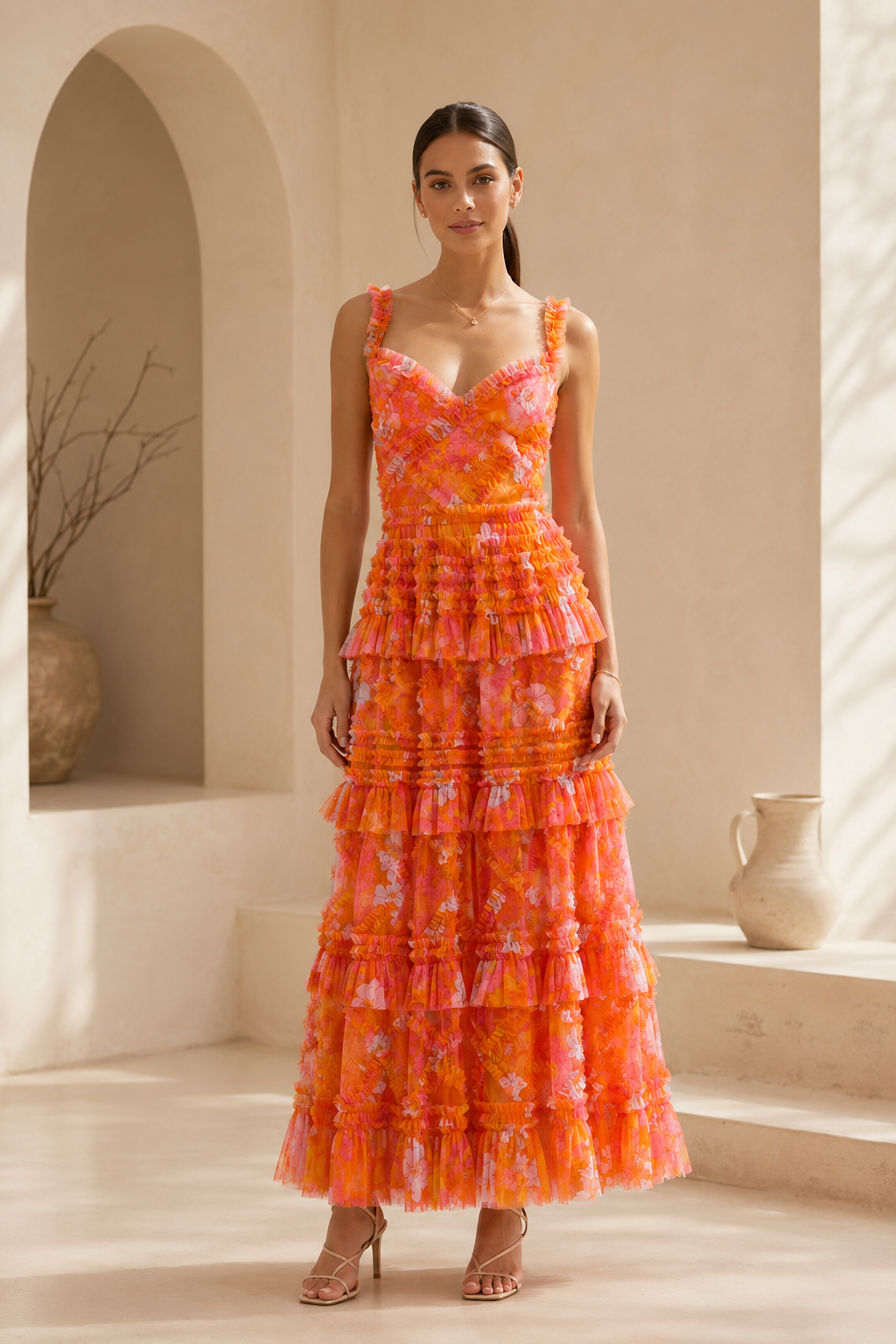 Vestido maxi con volantes escalonados y estampado floral