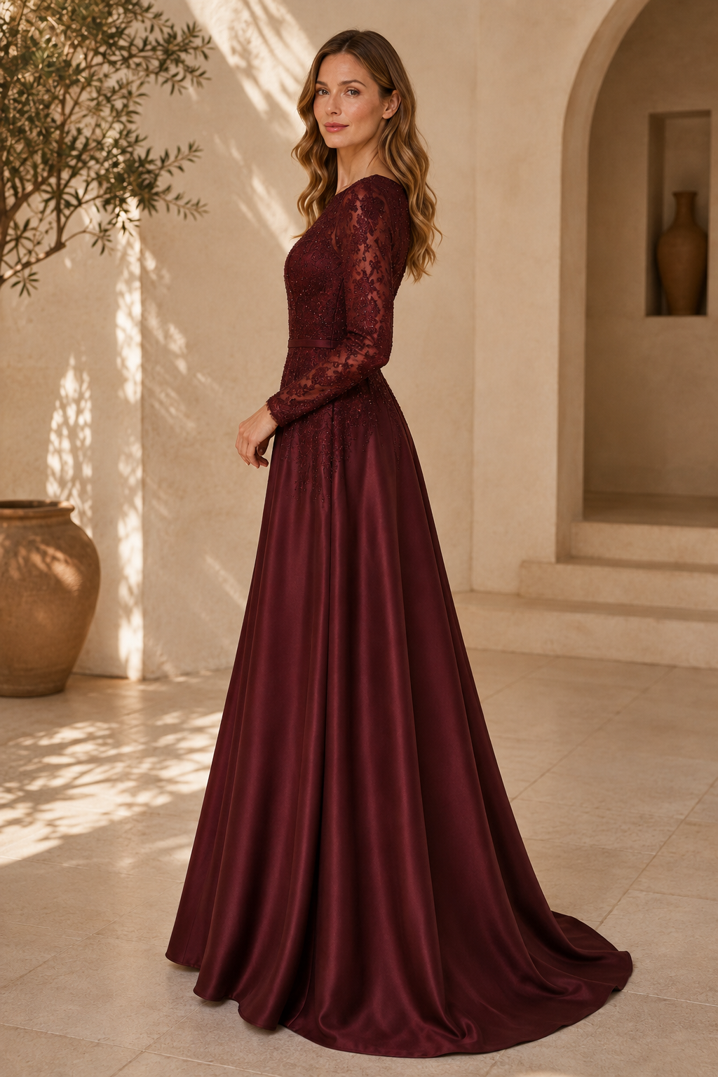 Vestido largo de satén con cuerpo de encaje y manga larga