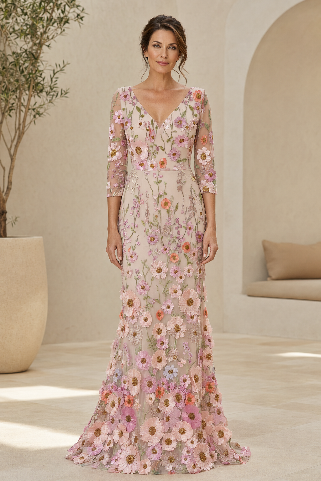 Vestido de noche con cuello en V bordado floral en 3D y mangas 3/4