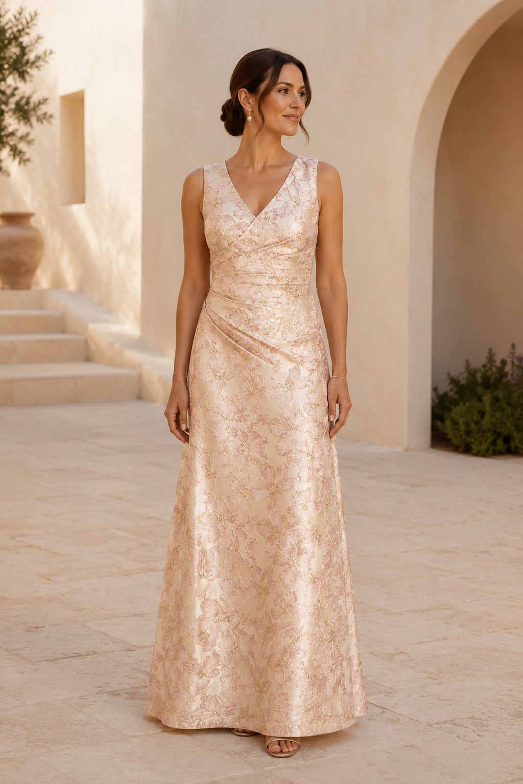 Vestido de noche acampanado sin mangas con jacquard floral