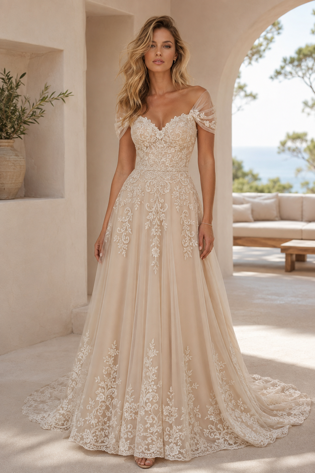 Vestido de novia de corte A con apliques de encaje y escote Bardot