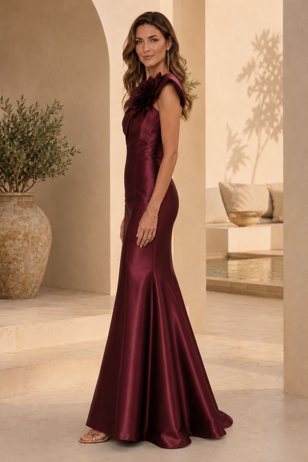 Vestido de satén corte sirena con un solo hombro y acento floral