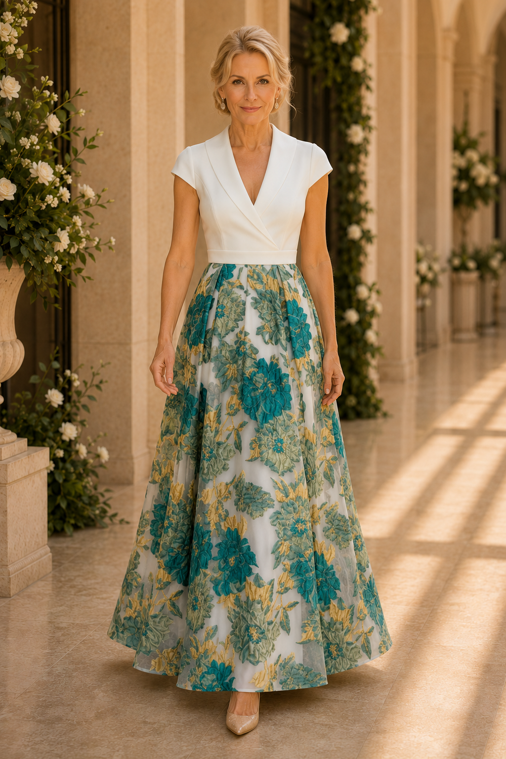Vestido con cuello, escote en V, falda acampanada y estampado floral