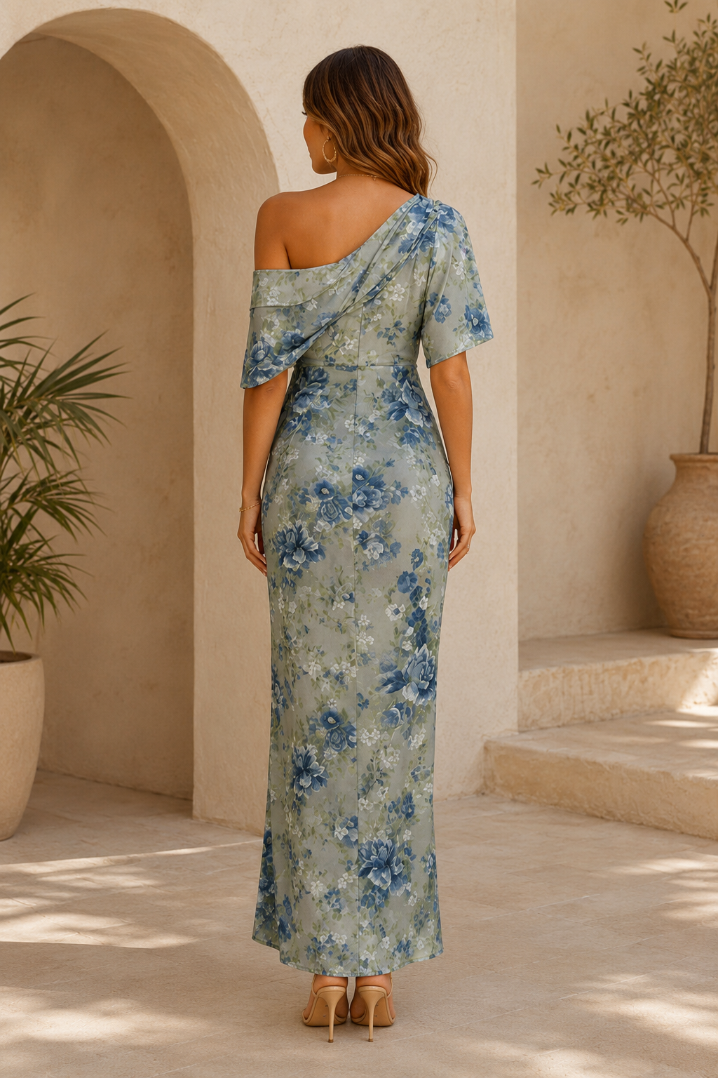 Maxivestido asimétrico con estampado floral y escote de un hombro