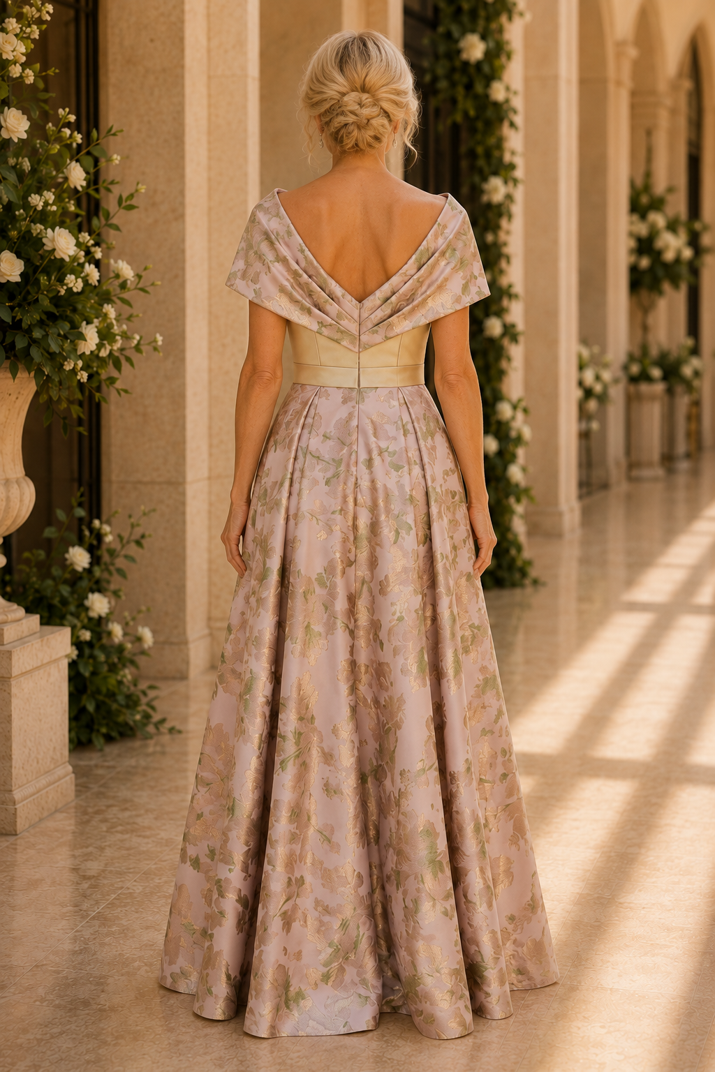 Vestido de jacquard floral corte A con escote drapeado
