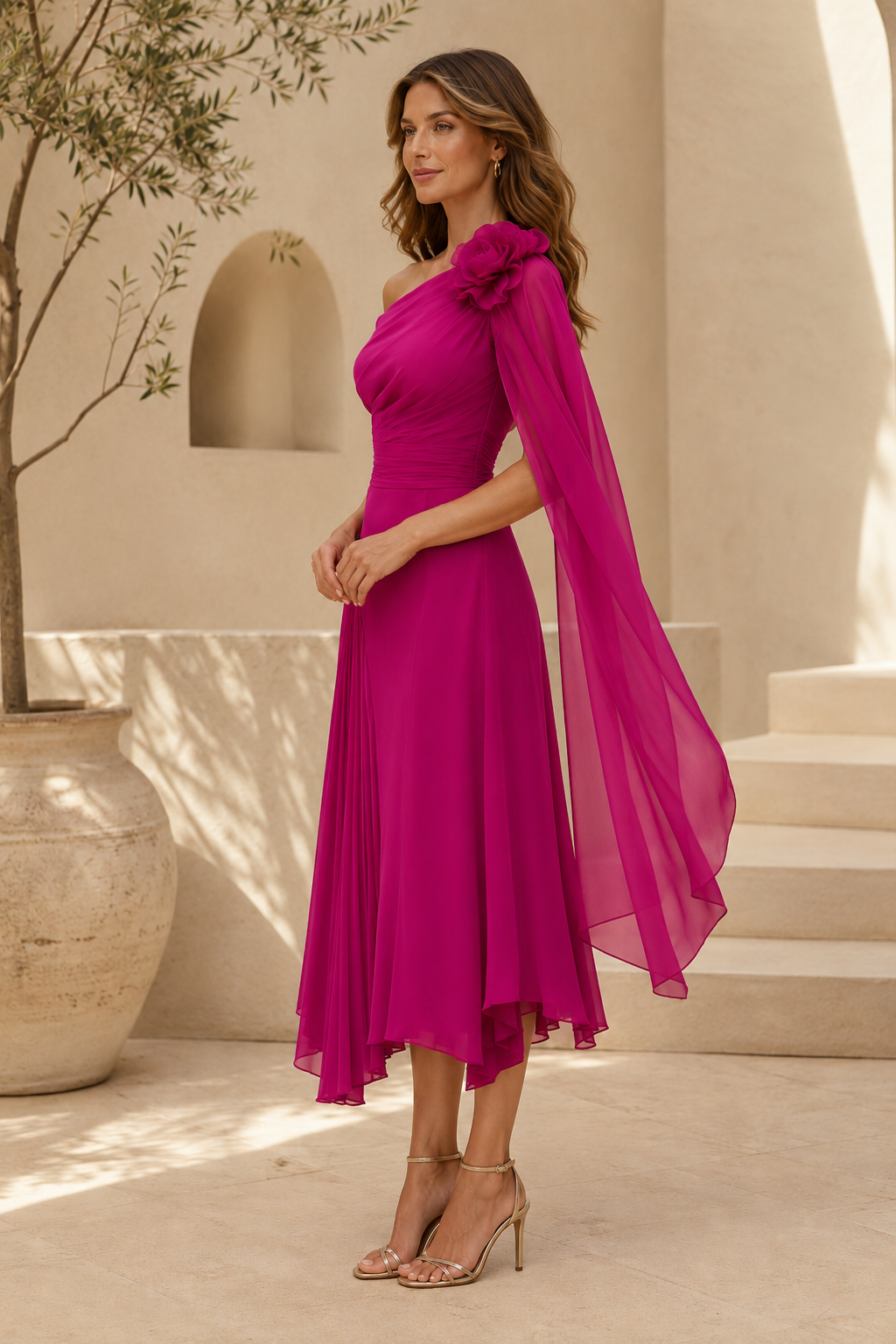 Vestido midi floral asimétrico con capa