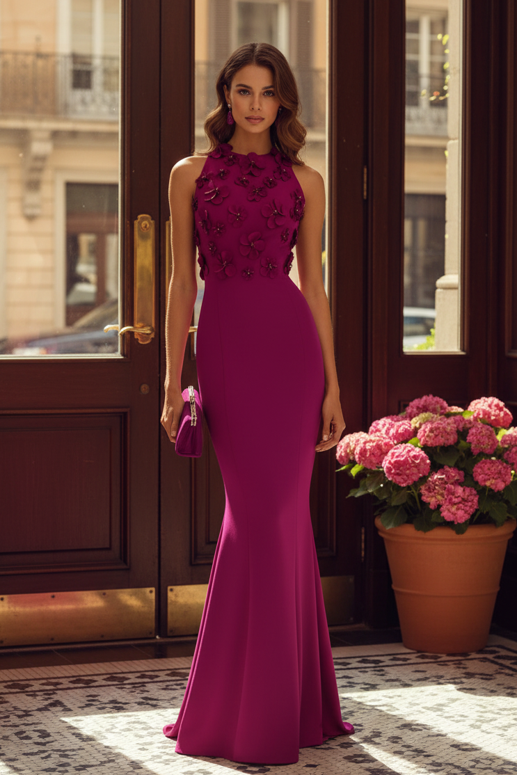 Vestido de noche de sirena con cuello alto y flores 3D