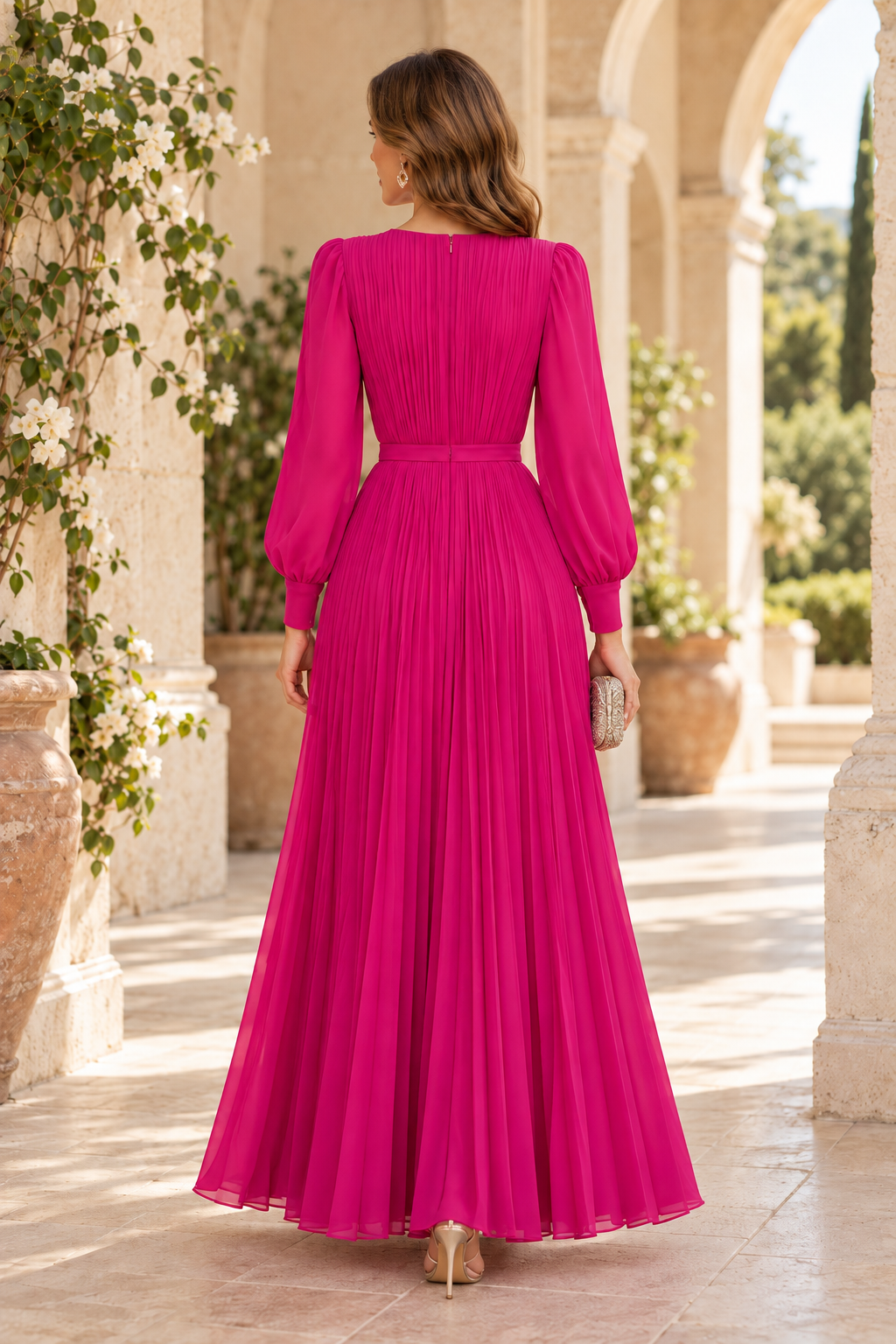 Pleated Long Sleeve A-Line Gown with Slit