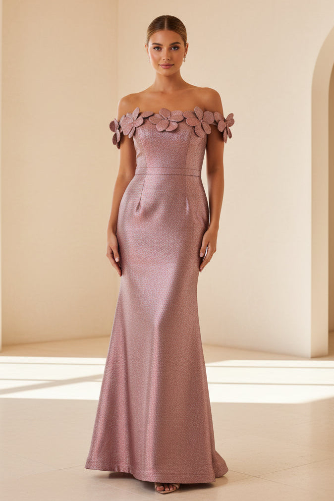 Vestido de Noche Sirena Metálico con Flores 3D y Hombros Caídos
