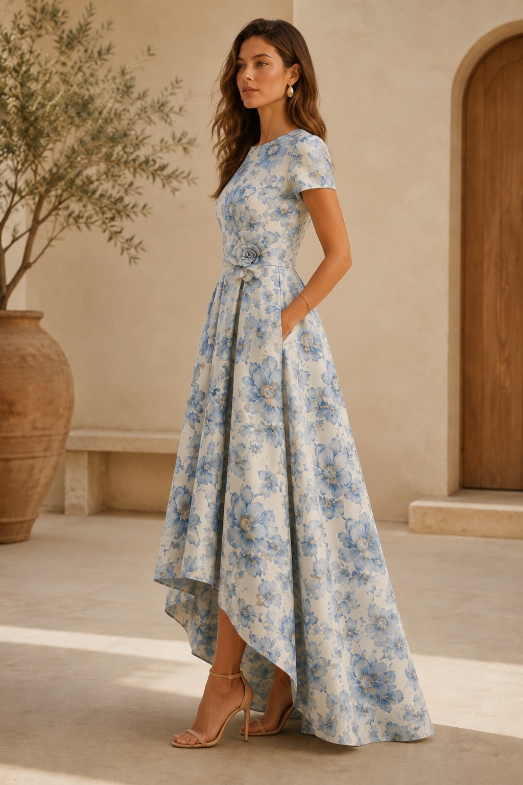 Vestido de noche acampanado floral con dobladillo asimétrico y flores 3D