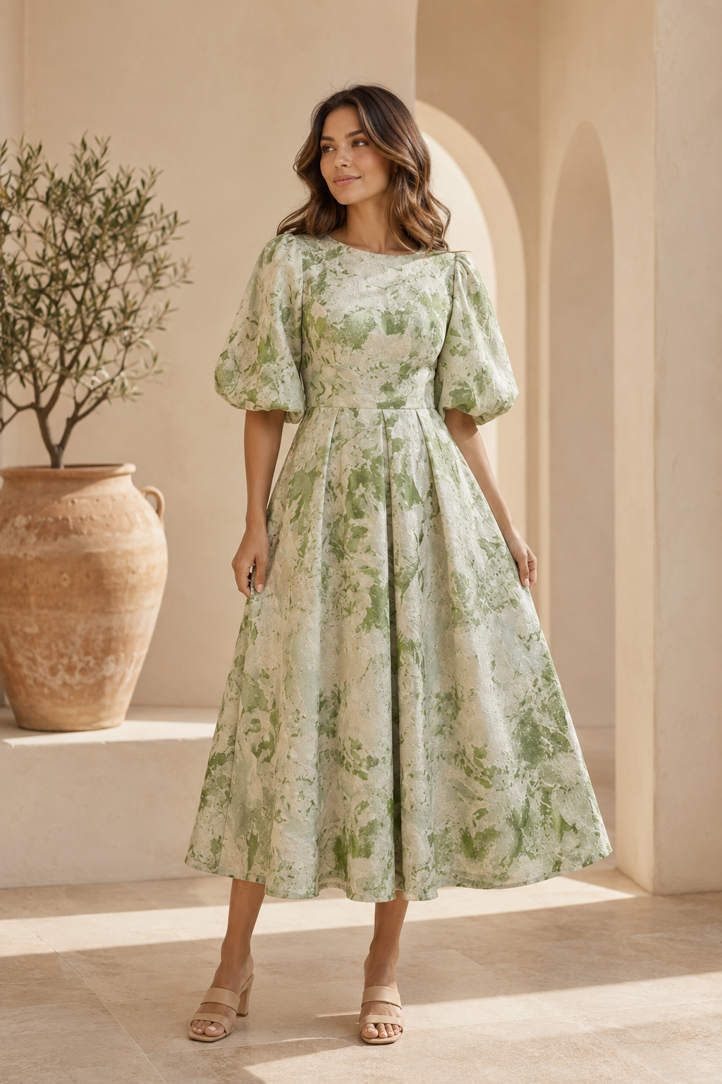Vestido Midi Jacquard Floral con Mangas Abullonadas