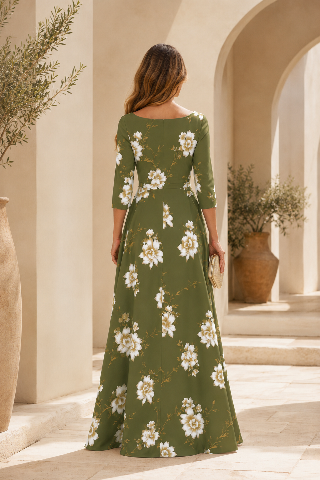 Vestido de noche acampanado con cuello barco floral