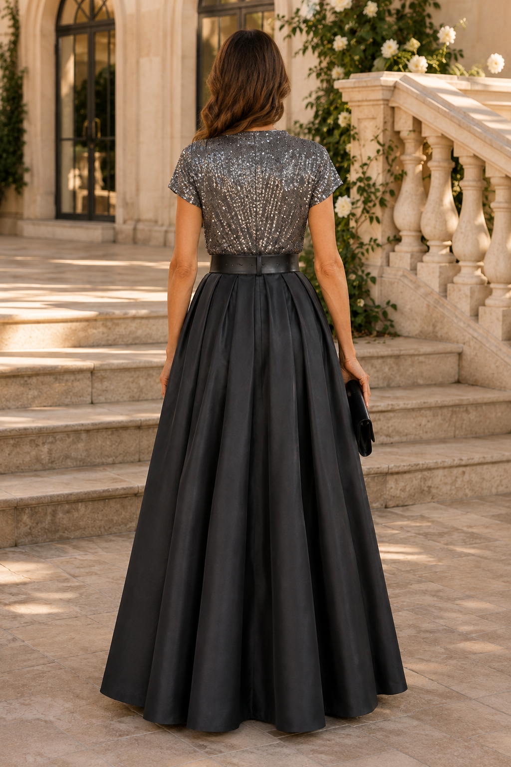 Vestido de Noche en Línea A con Escote en V de Lentejuelas y Falda Plisada con Cinturón