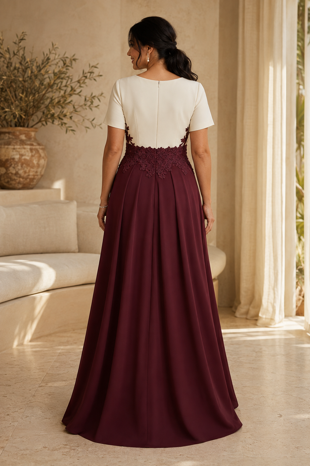 Vestido de noche bicolor con cuello en V, cintura de encaje y abertura lateral