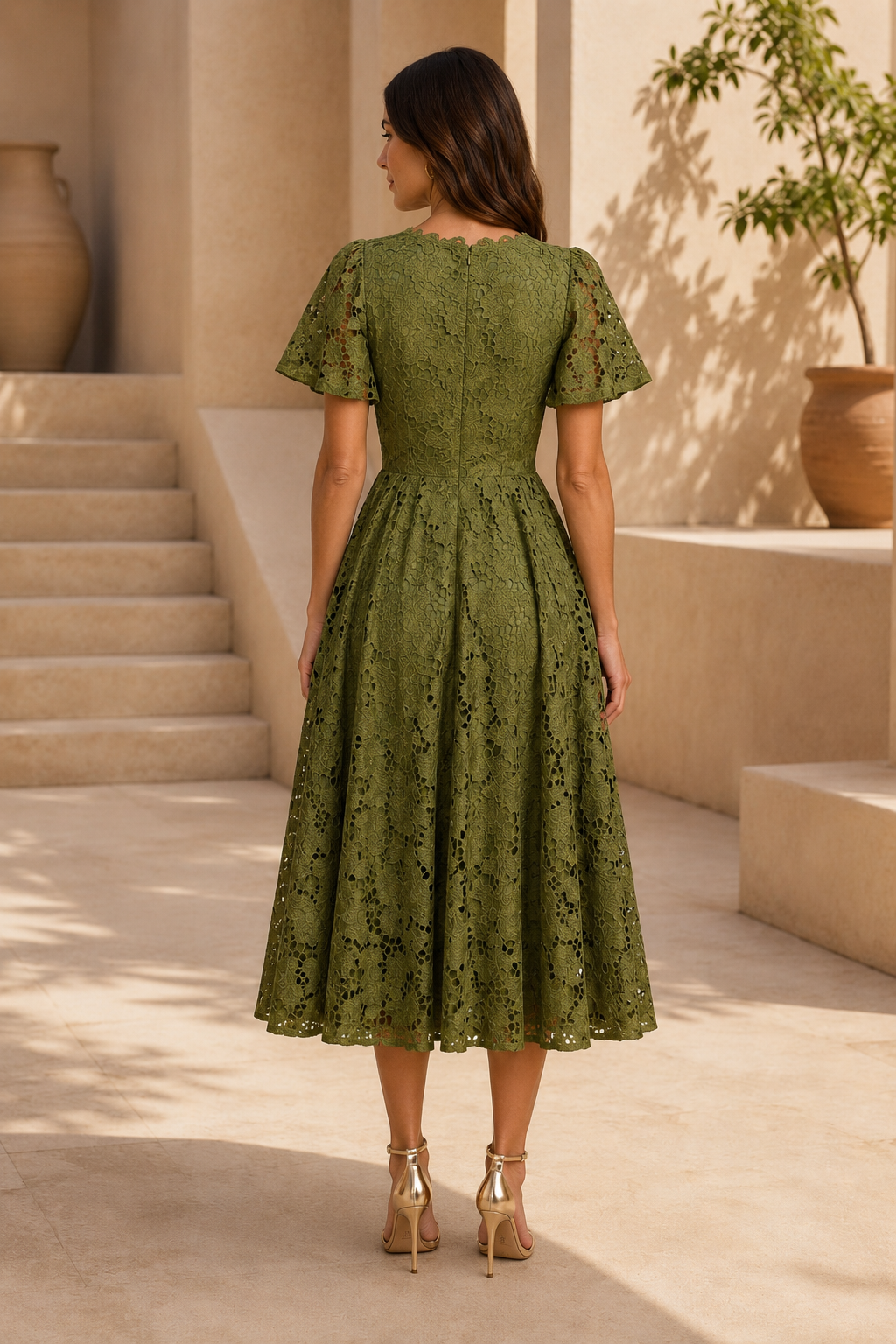 Vestido midi de encaje color oliva con mangas con volantes