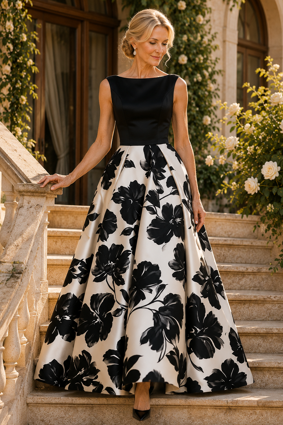 Vestido de Noche con Estampado Floral sin Mangas con Escote Bateau