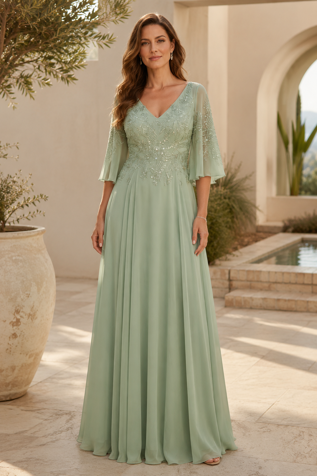 Vestido de línea A bordado con mangas de volantes