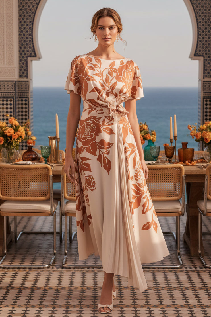 Vestido Midi Asimétrico con Cuello Barco y Estampado Floral