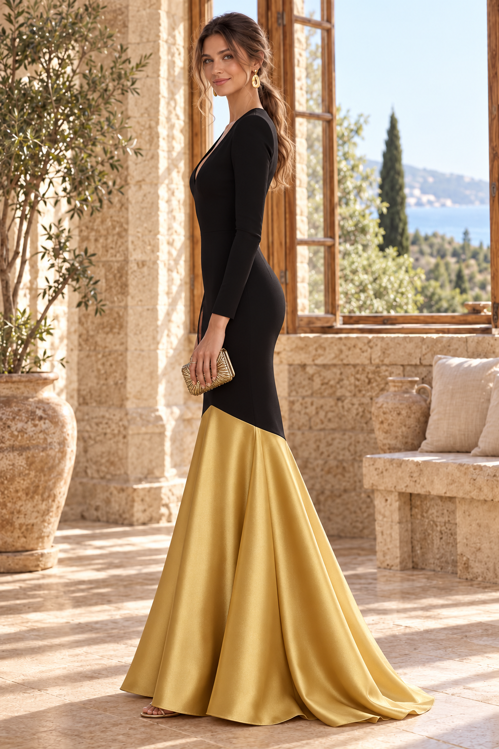 Long Sleeve V-Neck Mermaid Evening Gown