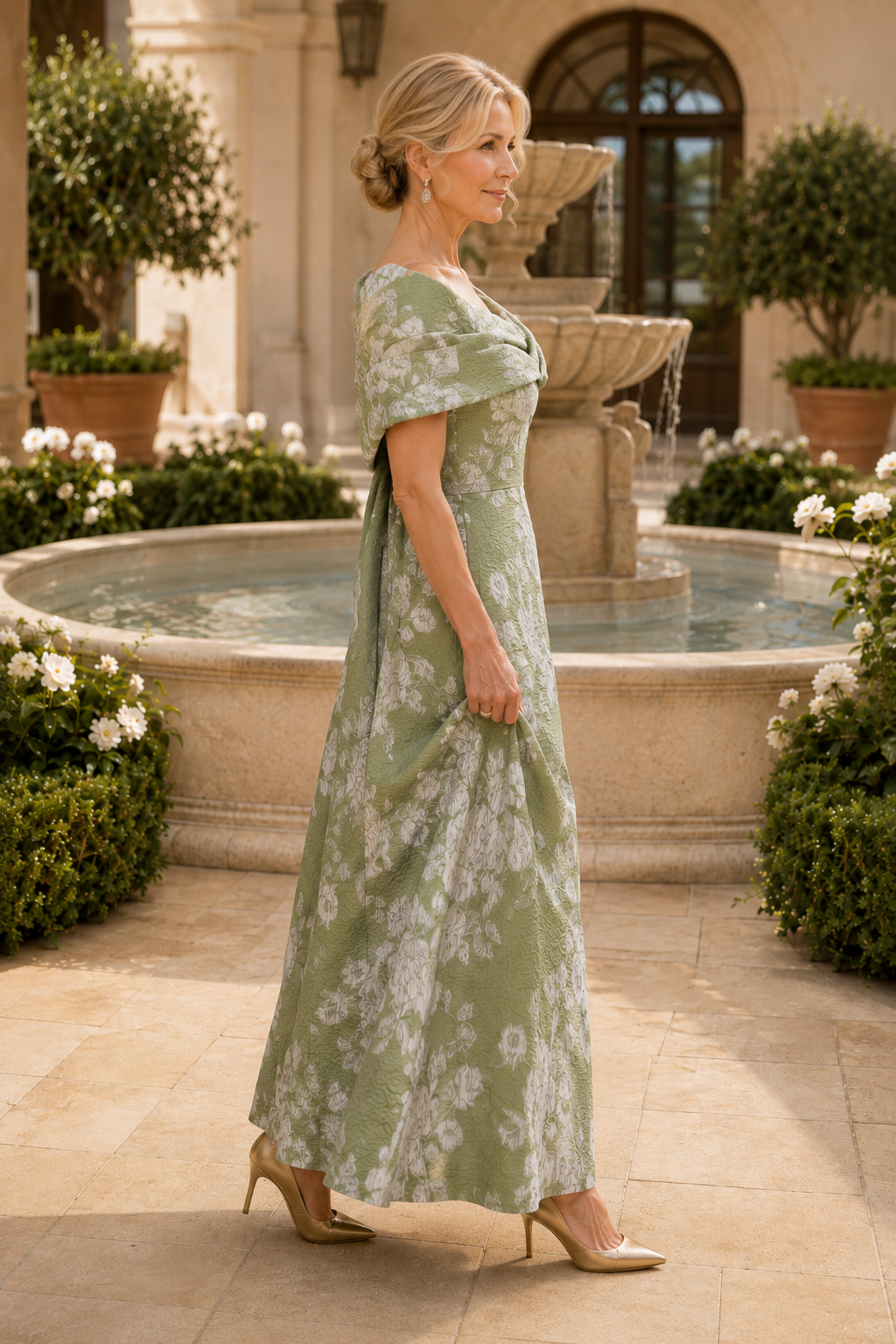 Vestido largo de jacquard floral asimétrico con chal