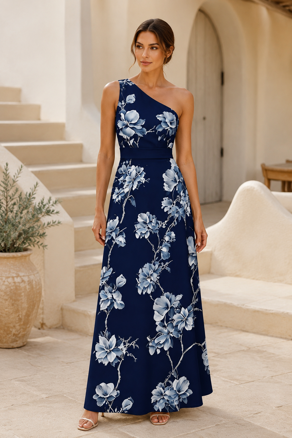 Maxivestido asimétrico con estampado floral y un hombro