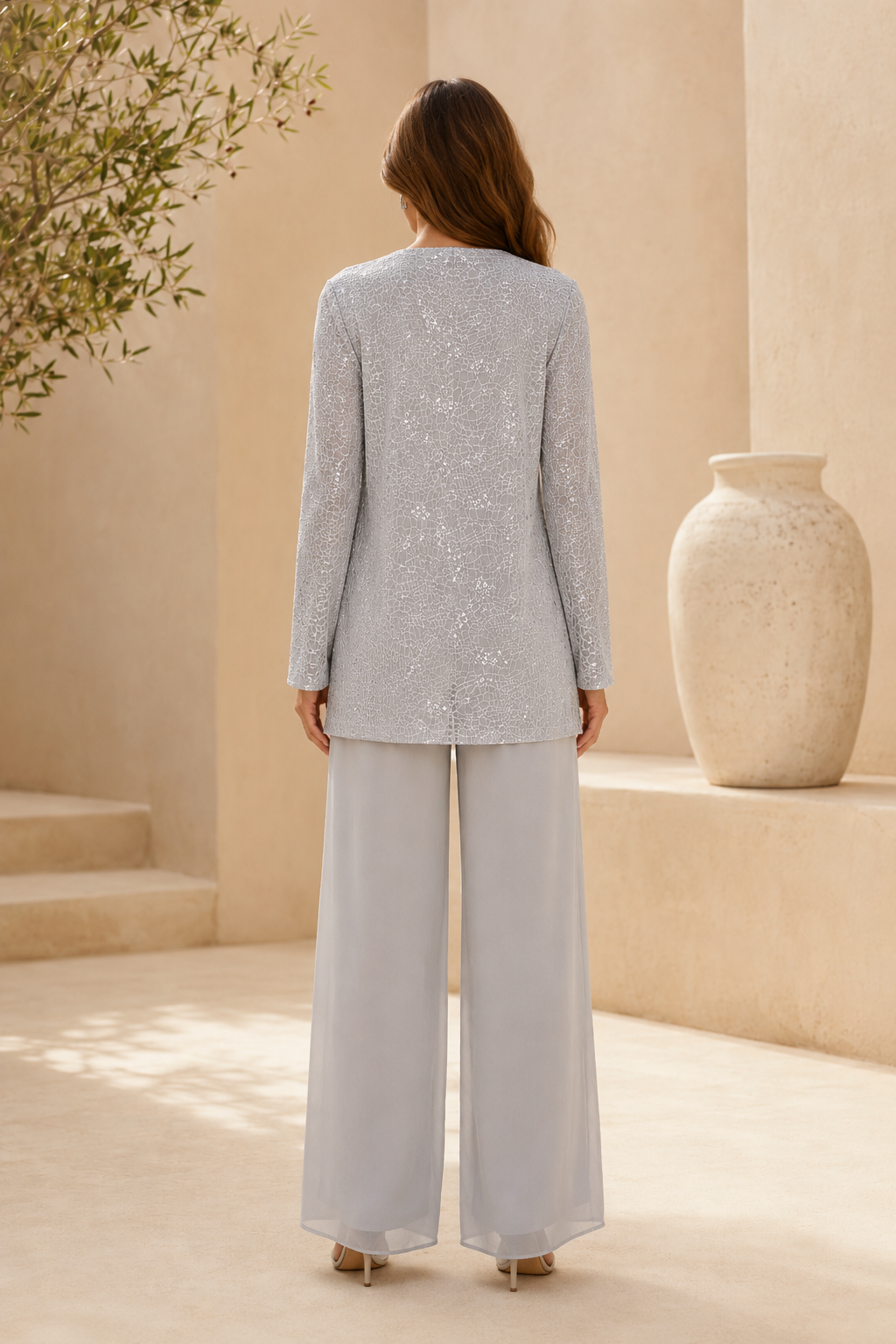 Conjunto de chaqueta de lentejuelas y pantalón de pierna ancha
