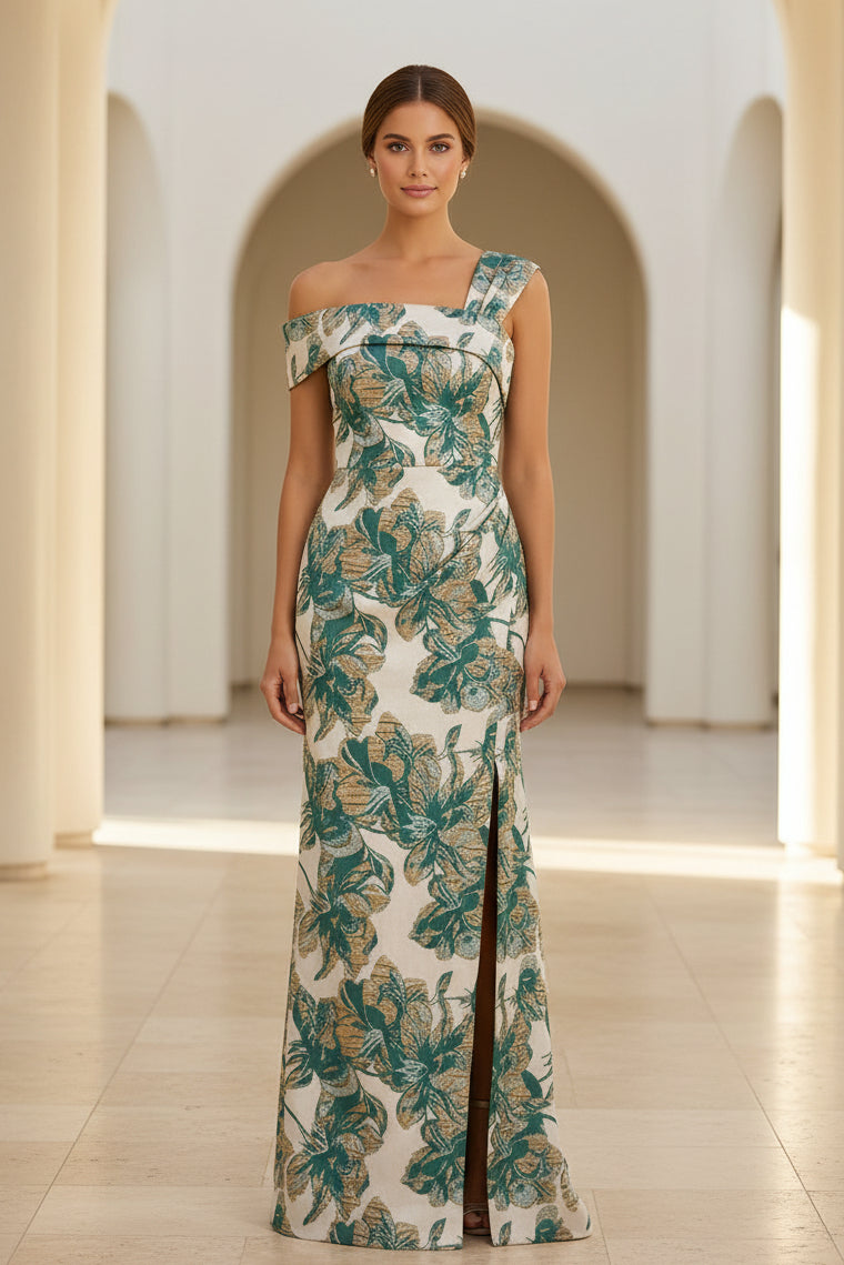 Vestido de noche largo jacquard floral con abertura y un solo hombro
