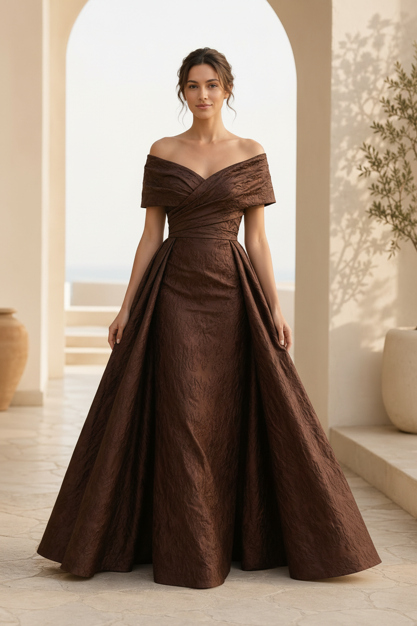 Vestido de jacquard con escote Bardot y falda en A, con corpiño plisado