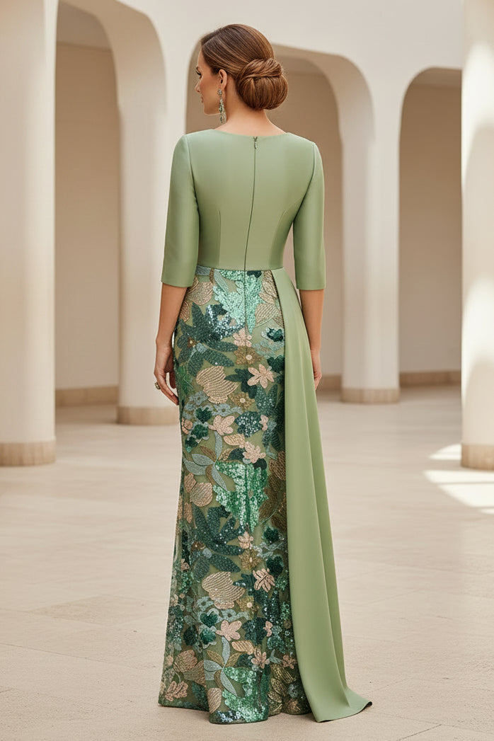 Vestido de noche con lentejuelas, bordado floral y drapeado de satén