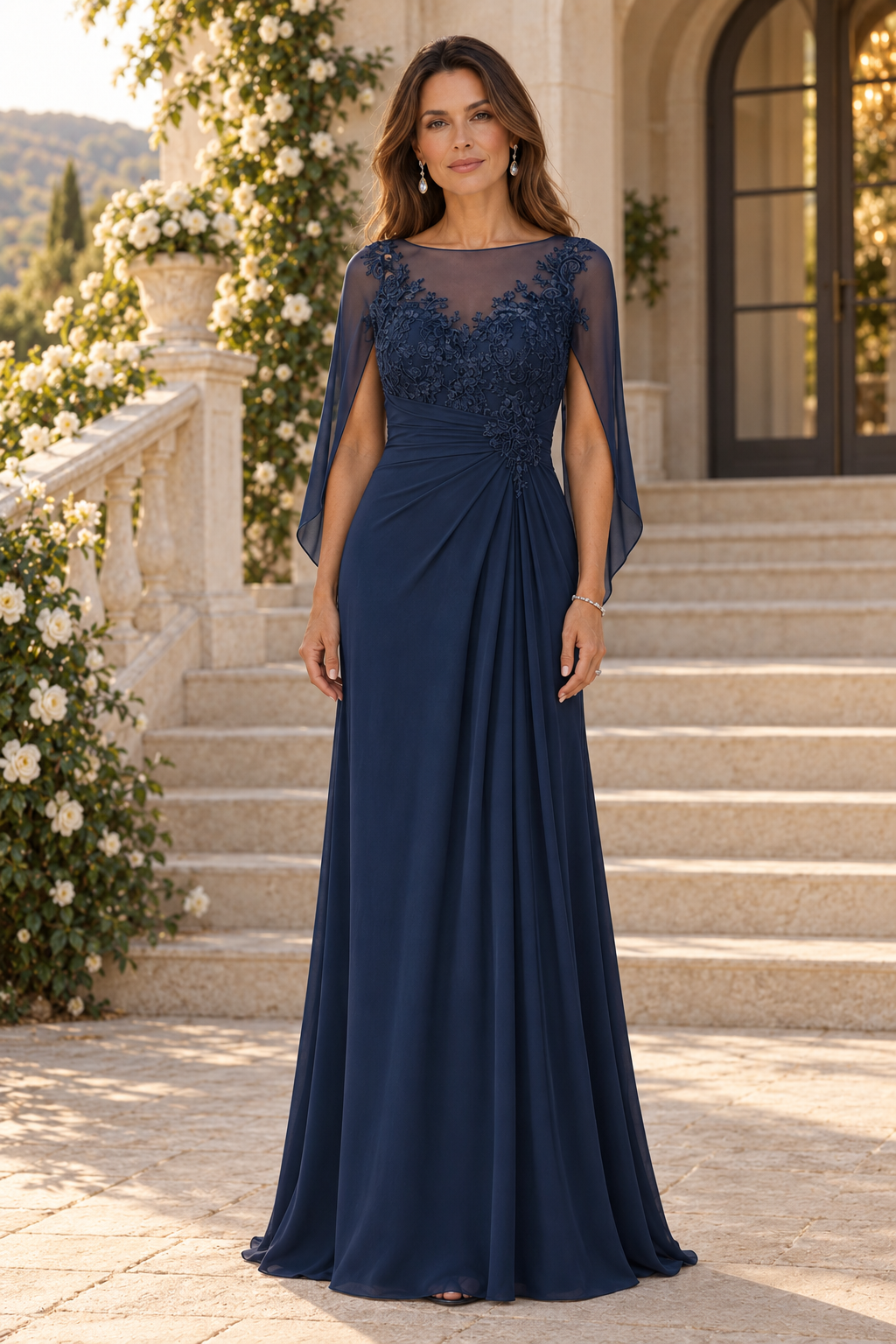 Vestido de Noche con Capa, Escote Ilusión y Aplicaciones